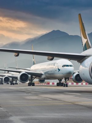 Hong Kong, Feb 12,2020: Due to Coronavirus Covid-19 airline fleet grounded at the Airport taxiway. The largest Hong Kong based carrier Cathay Pacific Airways grounded most of their aircraft fleet. Those aircrafts lined up at on the taxiway and waiting to transfer to out port for a long term parking.
